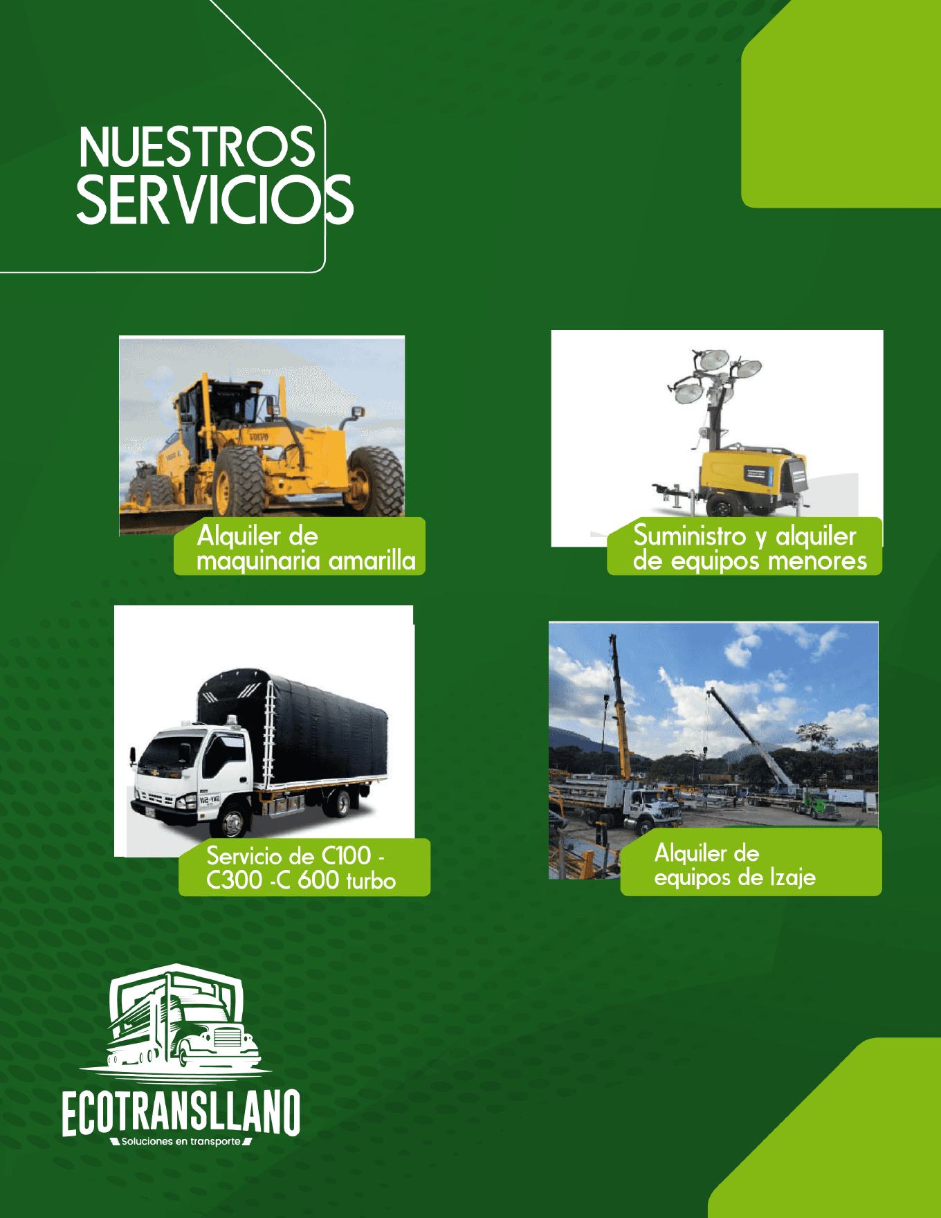 Servicios de maquinaria, turbos e izajes presentados por ECOTRANSLLANO.